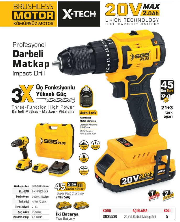 SGS5530 DARBELİ MATKAP SETİ 20 VOLT (2 ADET BATARYA)